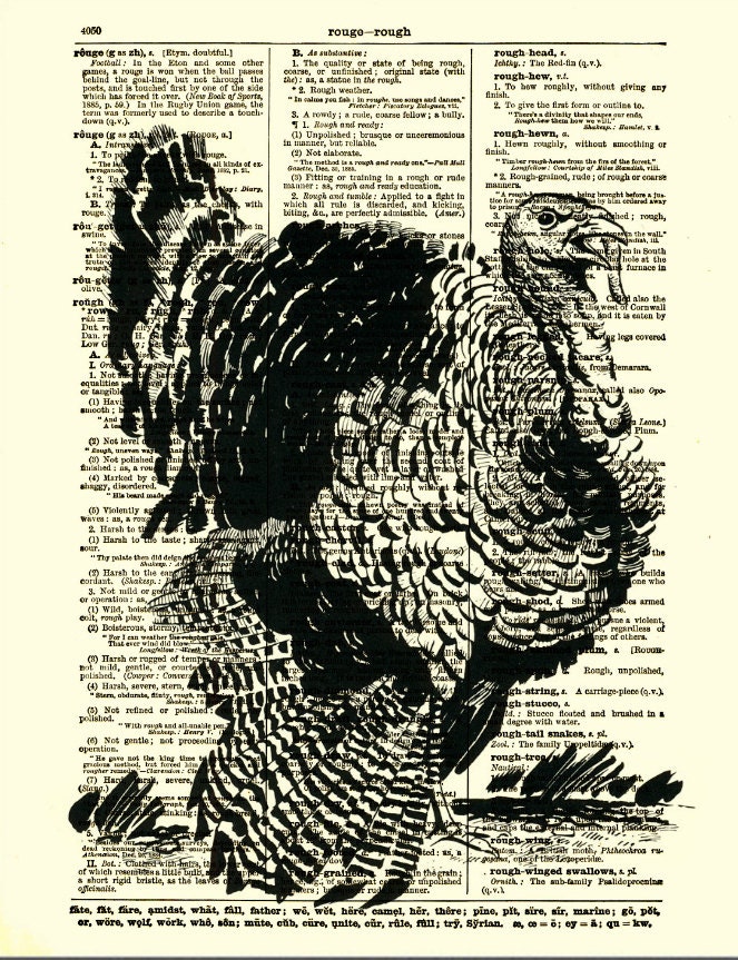 Turkey Print, Black and White Turkey, Thanksgiving Decoration, Antique Dictionary Art Print, Wall Decor
