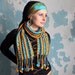 Crochet lace cotton summer scarf / yellow brown turquoise knit scarf / bobbles scarf / gift for her