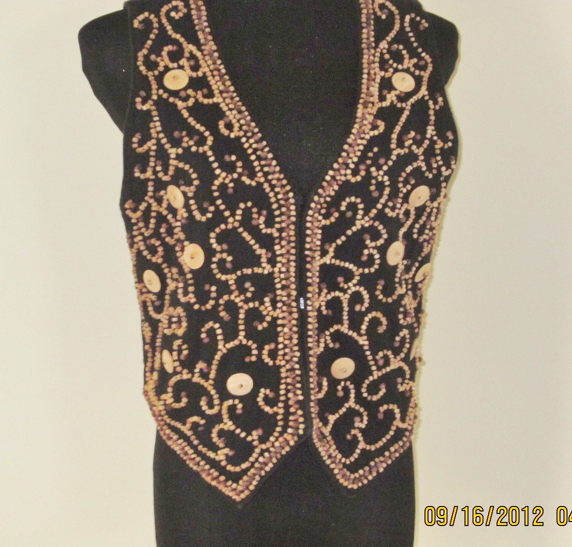 Vintage Womens Vest  Black Vest with Wood Beads and Buttons  M