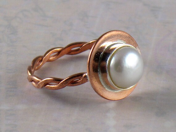 Freshwater Pearl Sterling Silver Bezel Rustic Solid Copper Ring Available in Size 8