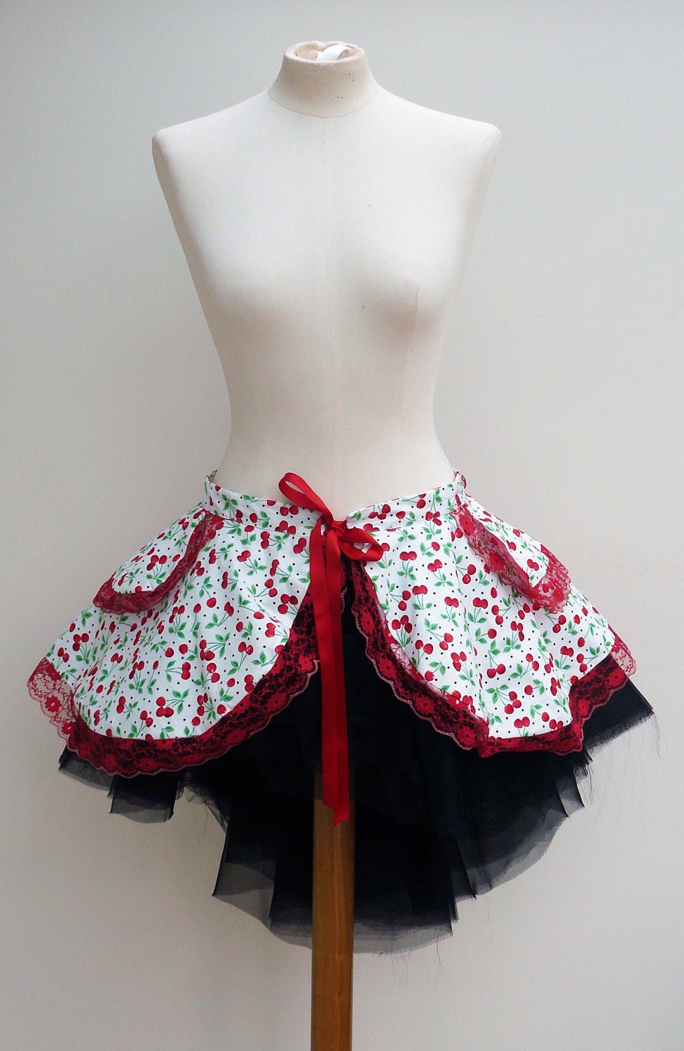 Cherry print handmade burlesque bustle overskirt with red lace trim, fits hip 85cm/33.5" - 95cm/37.5"