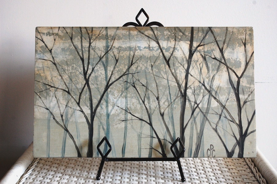 Bare Branches and Sky, Original Painting, Signed by Artist, CPC Original,  blue, cream, silver, grey, brown - EnvyAlley