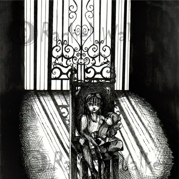 8x10 matted to 11x14 Poor Teddy ink Goth Girl, dark spooky, creepy little girl blinding her doll, blood dripping Drawing by Rachel Walker