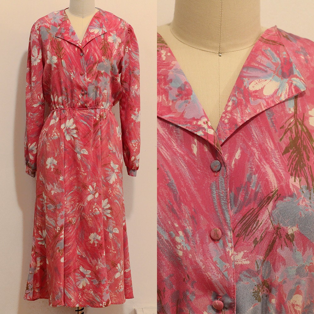 1970s Pink Floral Fireworks Print Midi Dress