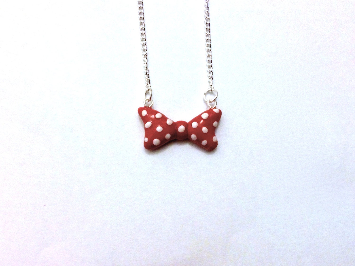 Minnie Mouse Inspired Red Bow Necklace, Polymer Clay Charm