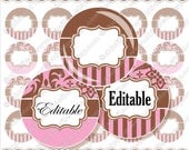 Editable JPG Bottle cap images Cupcake Topper Damask Chocolate Pink Brown graphics 1" circles Printable 4x6" Digital Collage Sheet cf00006-5