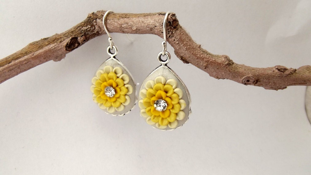 Light Yellow Dangle  Earrings with Clay Floral and Sparkling Rhinestone Sterling Silver Earrings