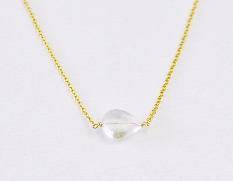 Quartz teardrop - clear sideways teardrop 14k gold filled necklace - simple jewelry women gift