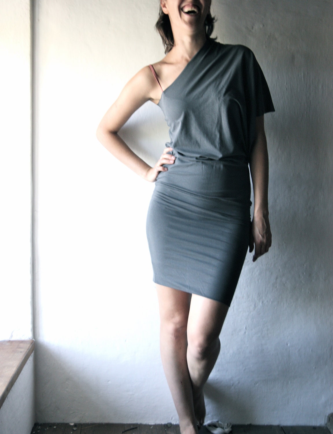 Off shoulder mini dress in dark Grey jersey - womens fitted tunic dress