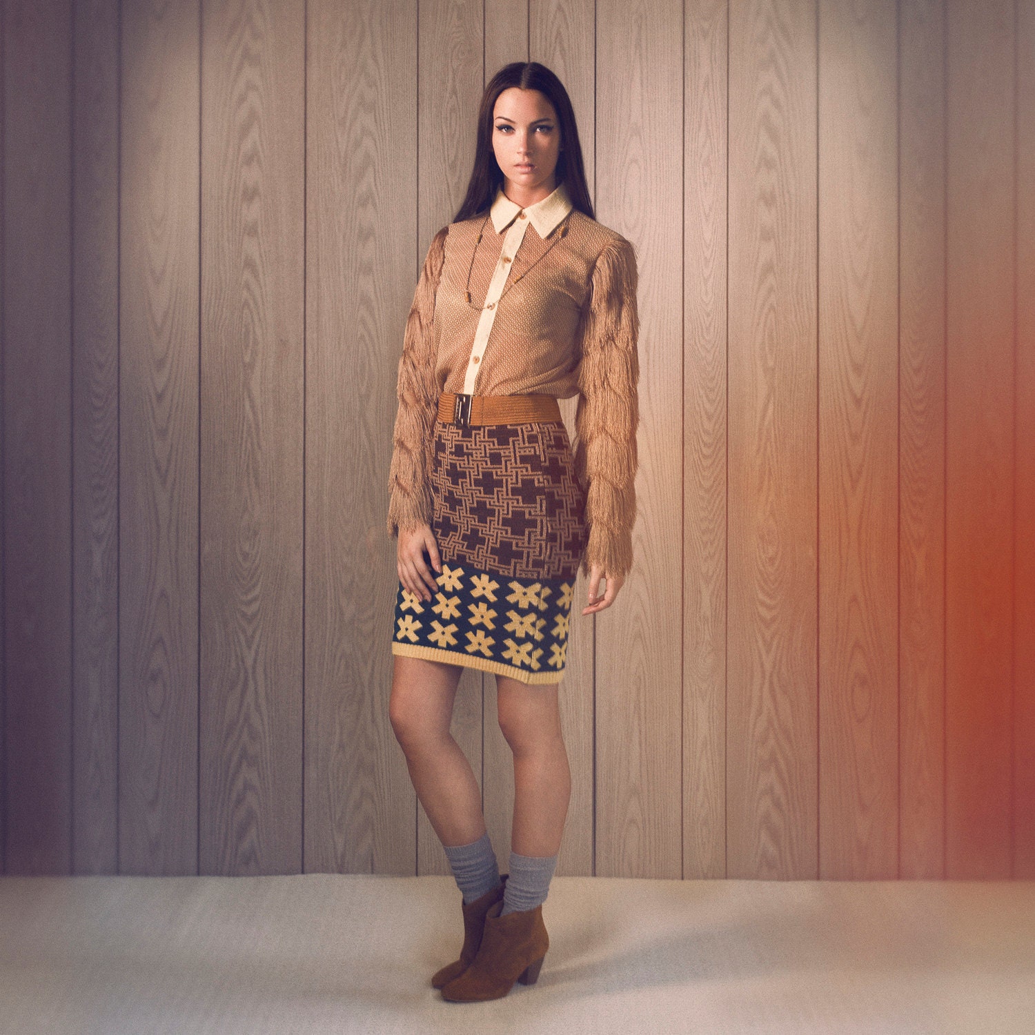 Knit Pencil "Margot" Skirt - Teal, Lemon, Brown combo - S, M, L