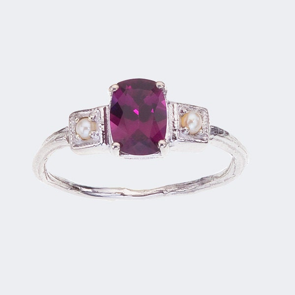 Pearl Ring with Grape Garnet  Ring- Alternative Twig Engagement - Art Deco Inspired