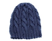 Hand Knit Cable Beanie Woman Hat - Acrylic Yarn - Dark Country Blue