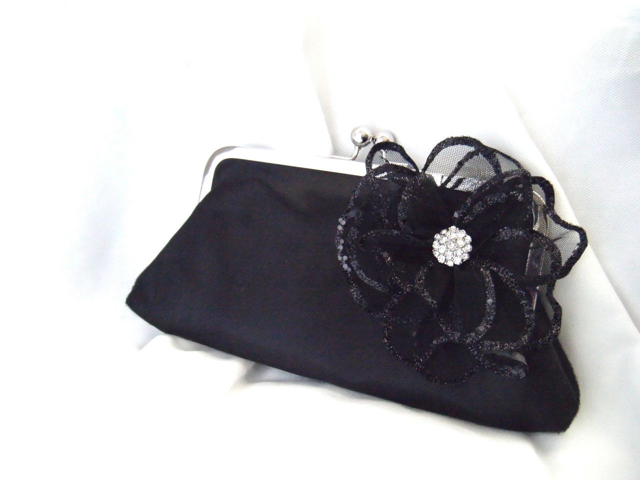 Black Satin wedding party clutch - black glitter rhinestone flower - Little Black Dress Clutch - Holiday Fashion - For Her - Accessory