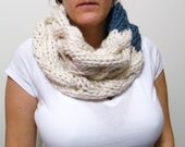 Hand Knitted Cable Cowl Infinity Scarf in Cream & Blue
