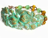 Verdigris Rose Bracelet, Green Metal Bracelet, Cuff Bracelet, Bangle Bracelet, Beaded Bracelet, Verdigris Jewelry, Brass Jewelry