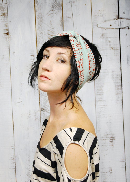 Giza Turban - Seafoam and Red - Earwarmer Turban Headband Scarf - Aqua Modern Hand Printed Jersey by Bark Decor