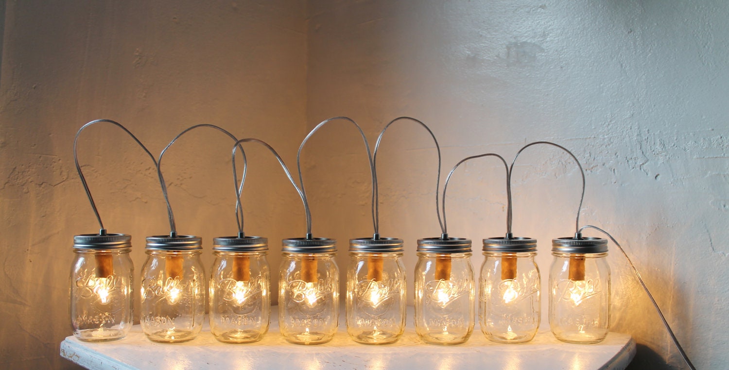 PARTY LIGHTS - Mason Jar String Banner Lights with 8 pint Ball Mason Jars Upcycled Rustic Wedding Holiday string of Lights - BootsNGus lamp