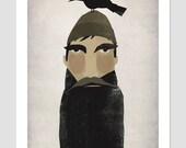 LUMBERJACK and CROW original illustration Giclee print Custom Framed 13.5 x 15.5 signed