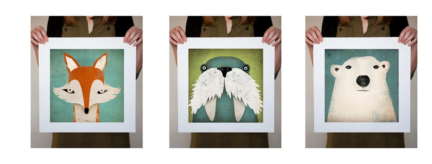 Walrus, Mister Fox, and Polar Bear Art Illustration THREE 12x12 giclee prints SIGNED