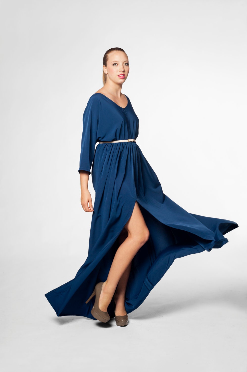 Keyhole Slit Front, Boatneck Maxi Dress with 3/4 Sleeves
