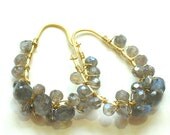 OOAK Labradorite AB Gold Wire Wrapped Earrings Luxe Jewelry Wedding Bride Kidney Hoops Grey Gemstones 1.50"
