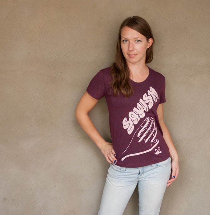 SQUISH Ladies T-shirt - hand printed cranberry women's t-shirt