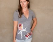 Floral Applique Deep V-neck T-shirt  - OOAK hand sewn, hand printed v-neck t-shirt