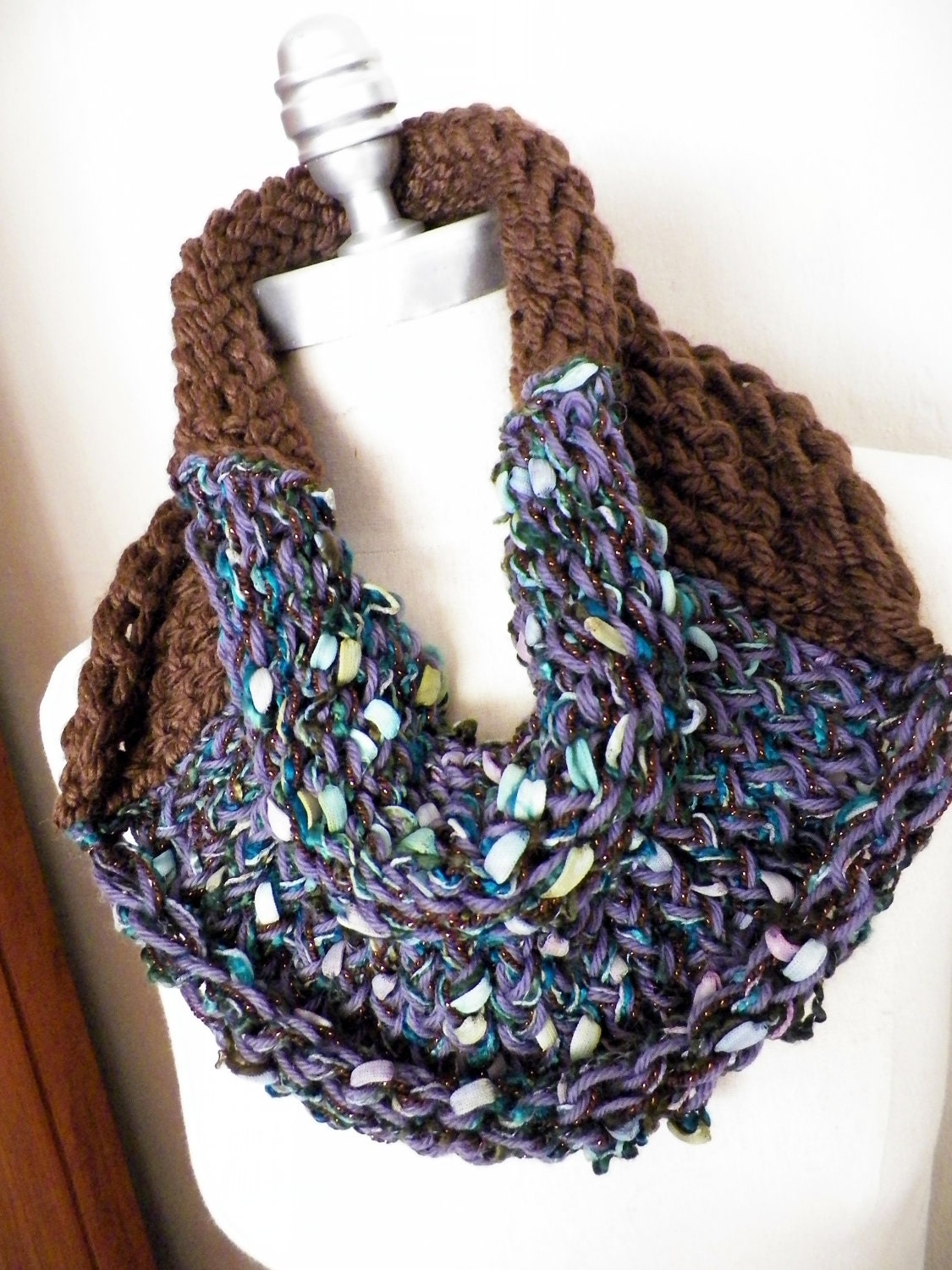 ON SALE Cowl Scarf, Purple, Teal, Blue, Lavender, and Brown, Sparkly Art Yarn, Chunky Knit, Jewel Tones