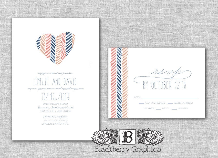 Digital Printable, herringbone heart Wedding Invitation set, Emilie design