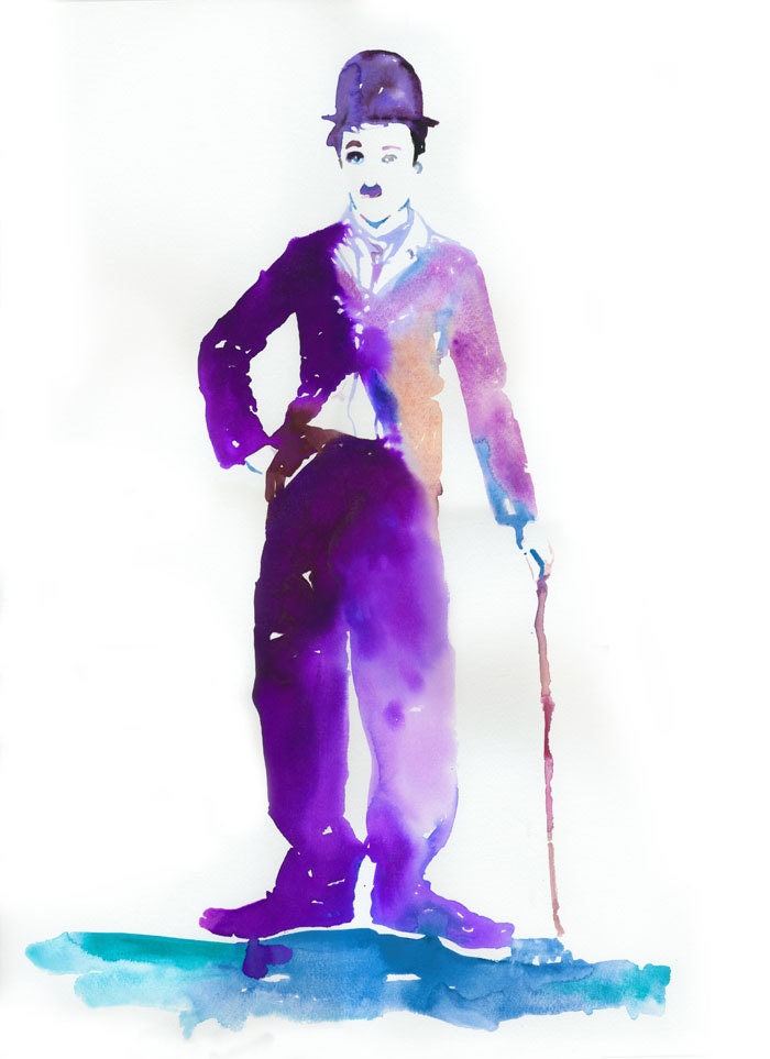 Watercolor Painting of Charlie Chaplin in Purple. titled: Purple Charlie