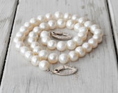 White Culture Pearl Timeless Necklace, Royal Blue Sapphire Jewel Clasp, Bridal Statement Jewelry, June Birthstone, Silk Knotted Necklace