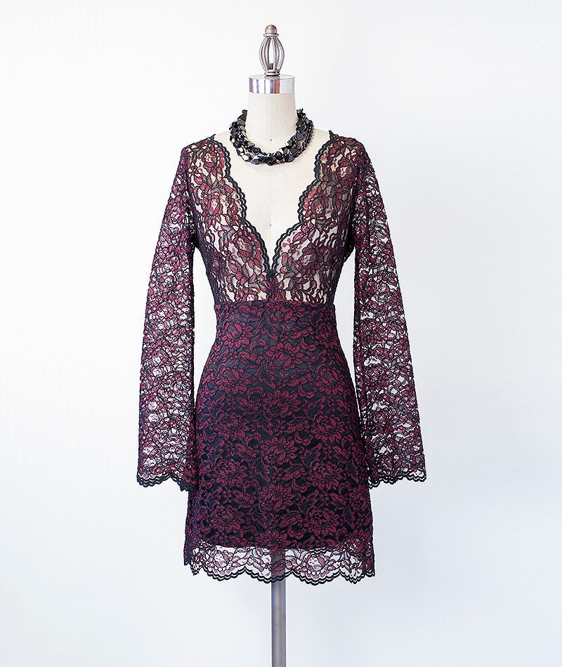 SAMPLE SALE - Bell Sleeve Burgundy Lace Mini Dress