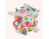 Paris, France Map 8x8 Art Print - Floral, Eiffel Tower, Lipstick Kiss, Pink, Green, Red, Polka Dot, Romantic, Shabby Chic, Cursive, Font