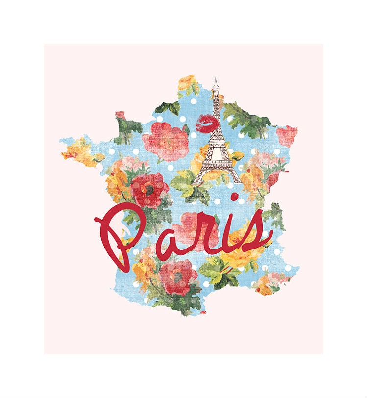 Paris, France Map 8x8 Art Print - Floral, Eiffel Tower, Lipstick Kiss, Pink, Green, Red, Polka Dot, Romantic, Shabby Chic, Cursive, Font