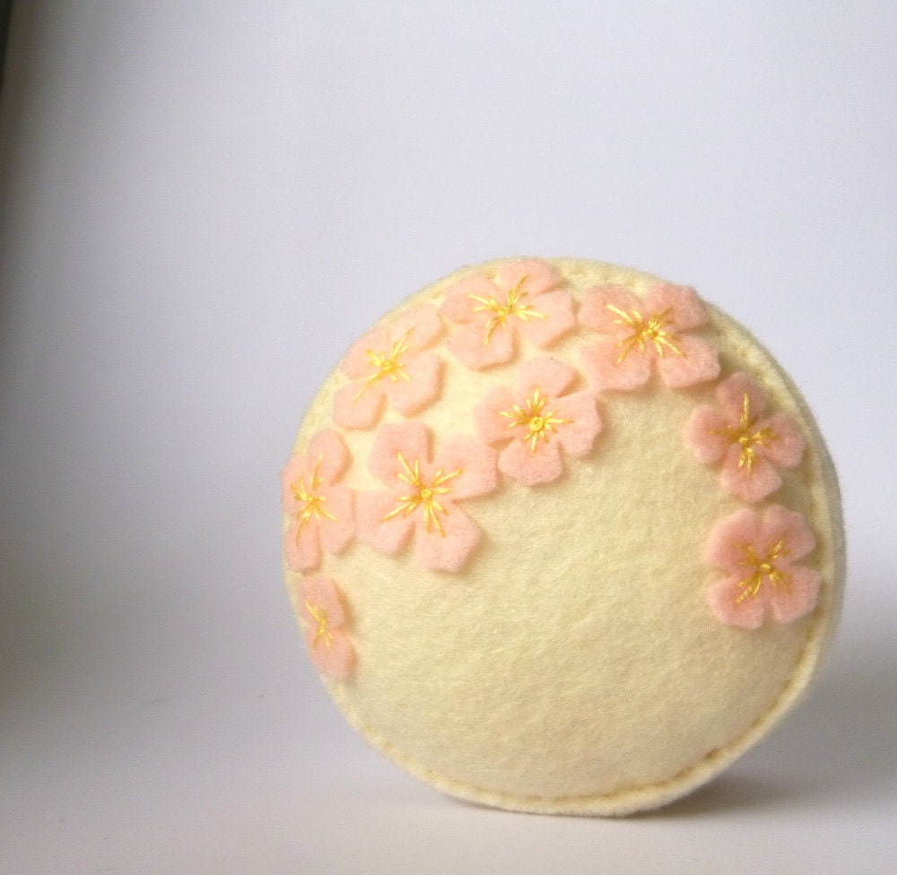 Pale Pink  Blossom  flowers on cream recycled felt handsewn embroidered pincushion Made to order