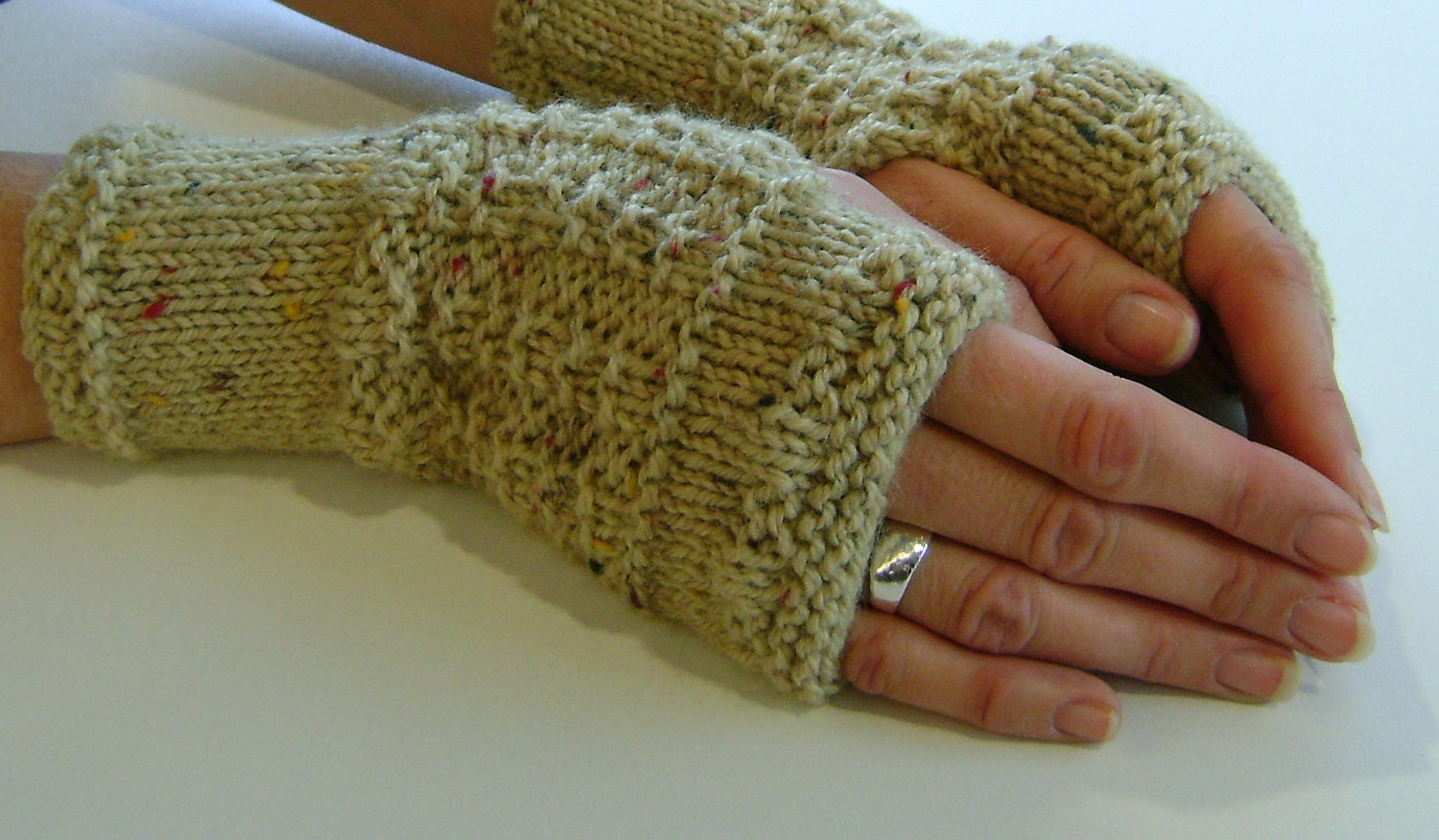 Fingerless Gloves / Mittens / Wrist Warmers in Sand Aran Wool
