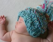 Baby hat photo prop hand knit beanie pom pom in aqua blue FREE U.S. shipping