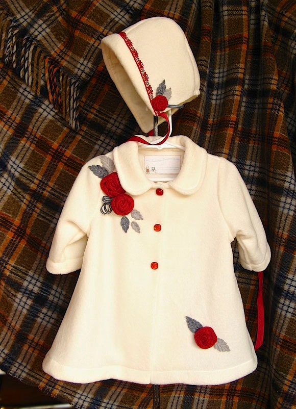 Gorgeous ivory fleece baby infant coat. Beautiful, rich red roses on cream fleece.