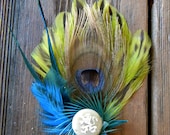 New Wave Neon Boutonniere Groom Prom Feather Lapel Fedora Hat Pin Lime Peacock Wedding