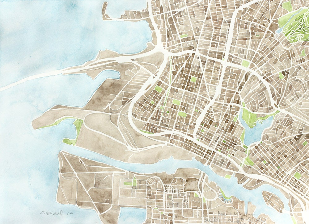 Oakland 16x20 watercolor map Large giclee poster size print