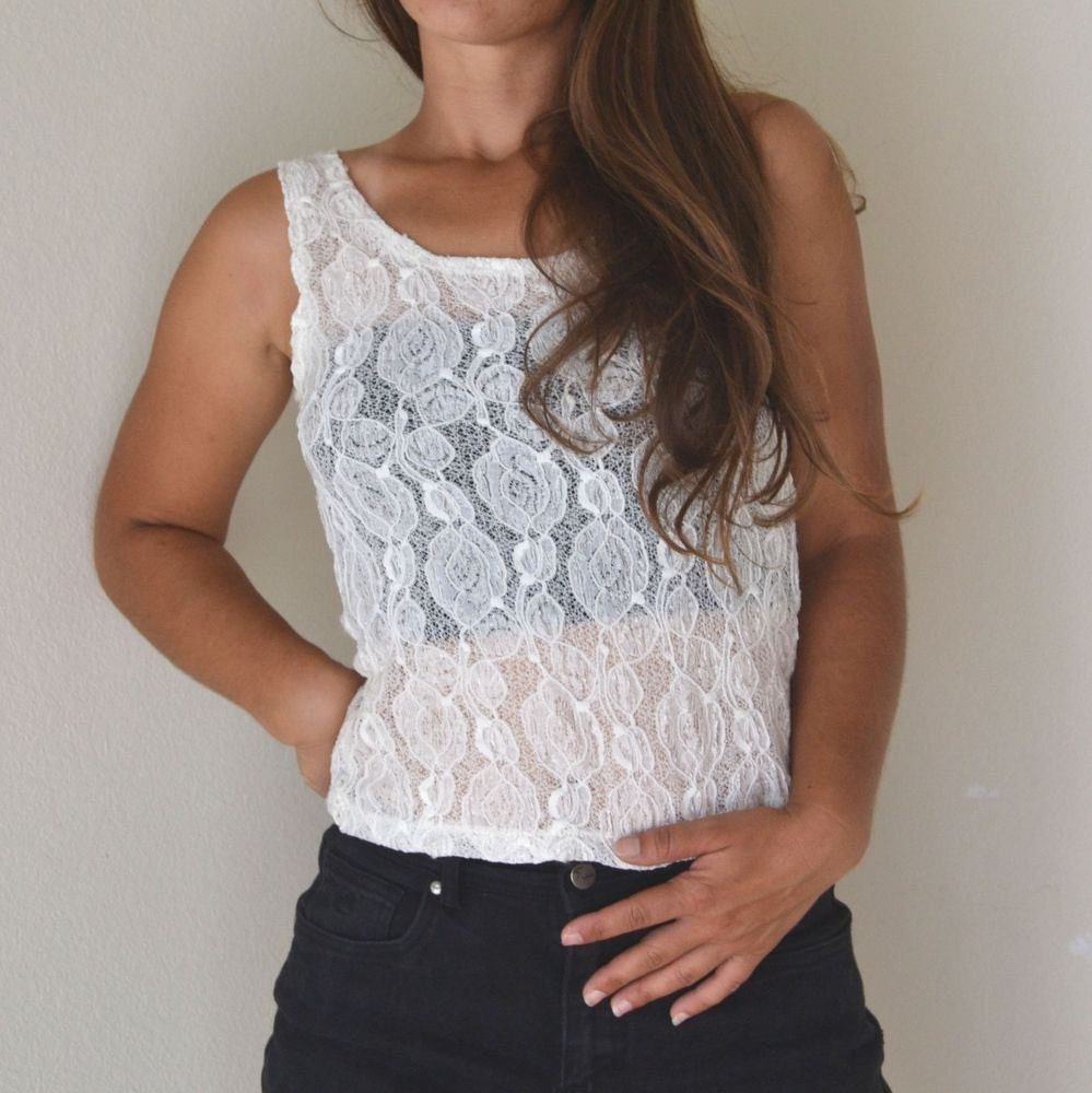 Sheer Lace Tank Top Vintage Early 90s White Lace Cropped Top Small