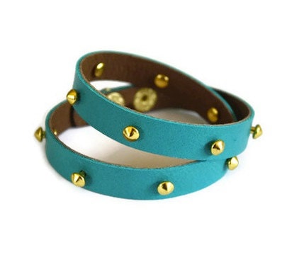 Studded Leather Wrap Bracelet - Turquoise