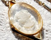 Vintage Pendant Necklace, Reverse Carved Lucite Cameo,  Womans Silhouette Profile, Gold Tone Metal Bar Chain Tassel, 1950s 1960s Jewelry