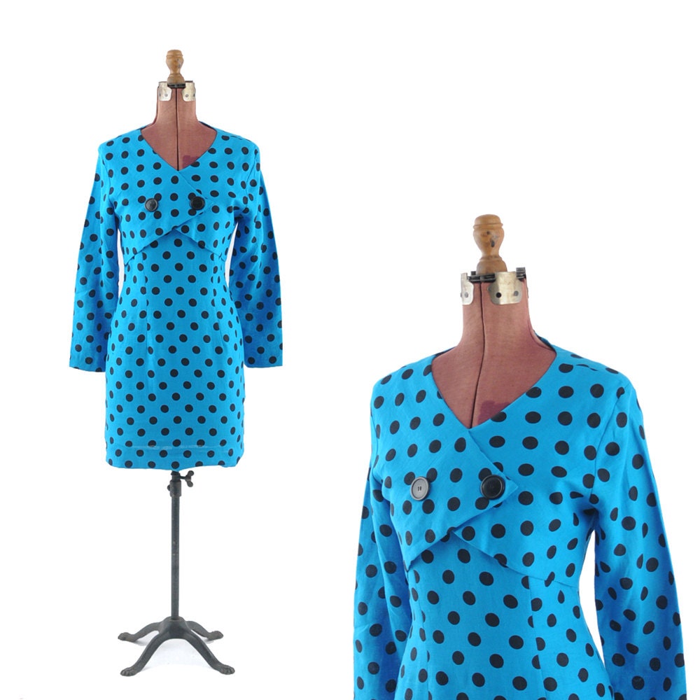 Vintage 1980's Electric Neon Blue Polka Dot Mod Cocktail DRESS S