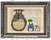 Totoro And Friends With Umbrellas on Vintage Upcycled Dictionary Page Book Art Print Recycled