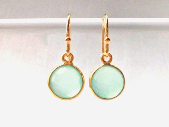Aqua Chalcedony Earrings, Gemstones Bezel Set in Gold Vermeil, Round, Sea Foam Green Jewelry - Bridesmaids Set