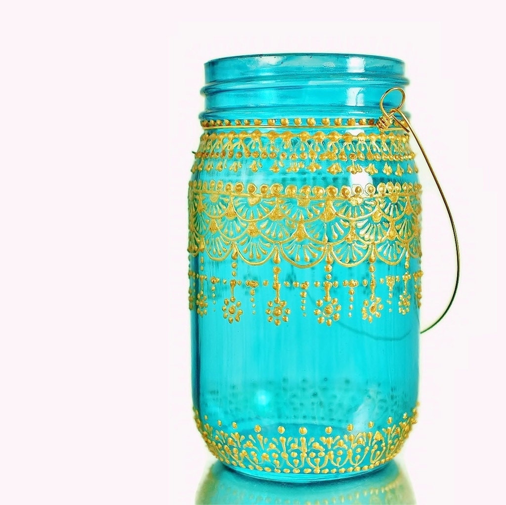Moroccan Designed Mason Jar Lantern, Teal Glass with Gold Detailing