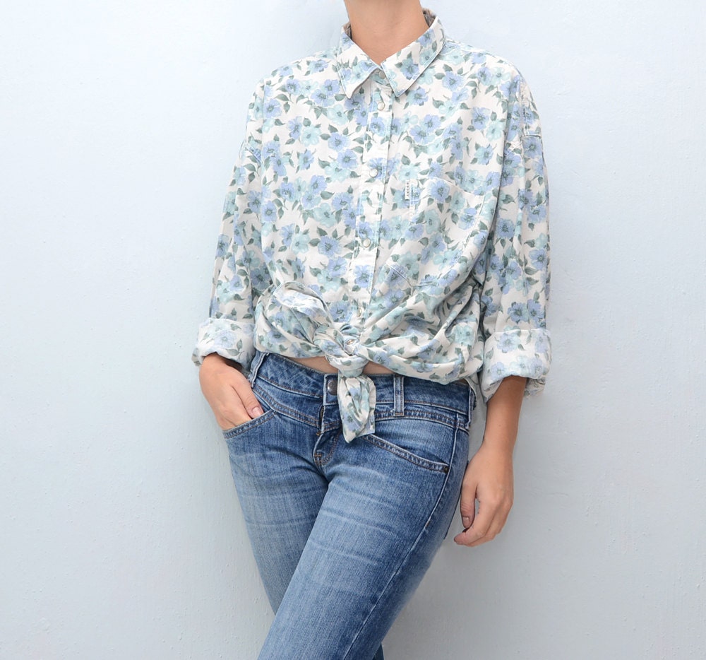 Vintage white denim baby blue floral 90s shirt