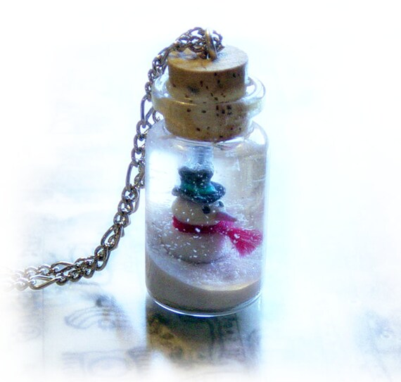 Bottle necklace, snowman and a winter wonderland scene, snow globe, bottle pendant