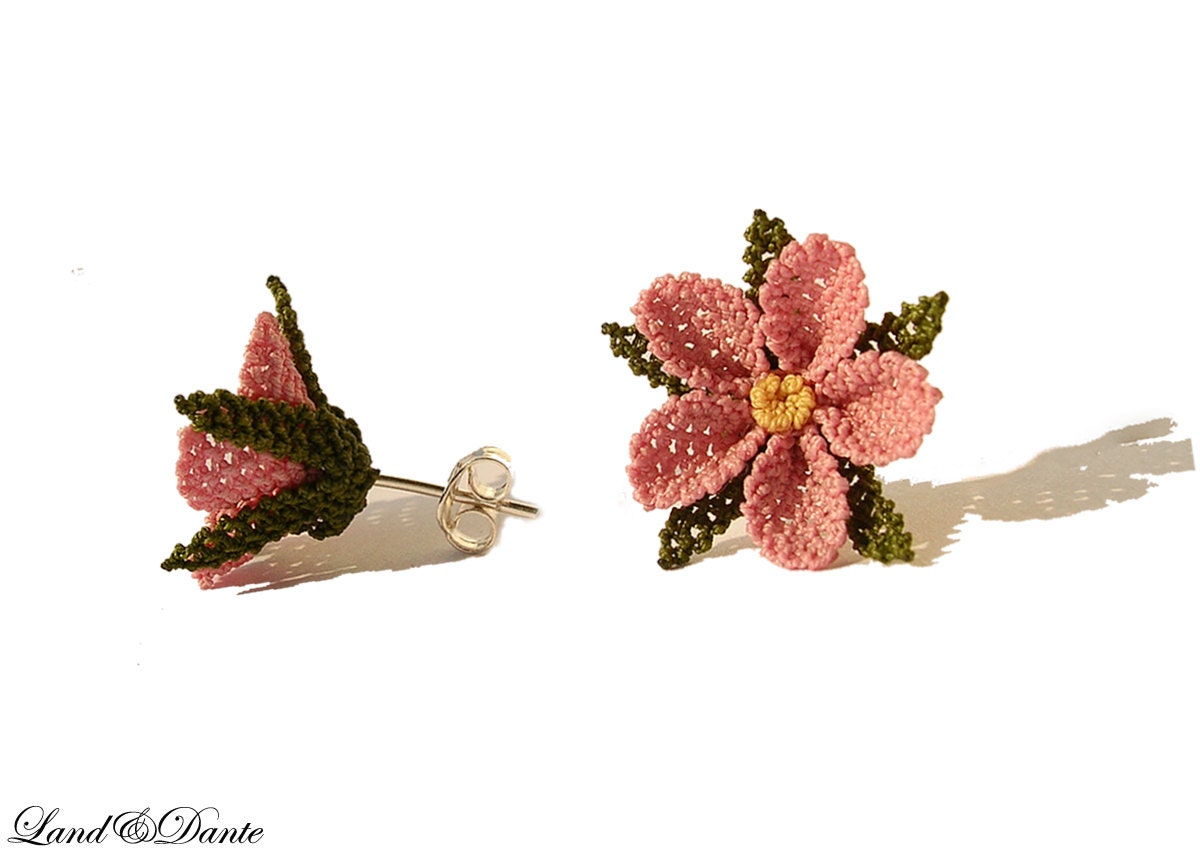 Romantic pink lace earrings, dusty rose cherry blossom earring small studs cottage chic wildflower light pink earring, matte pastel eco TAGT